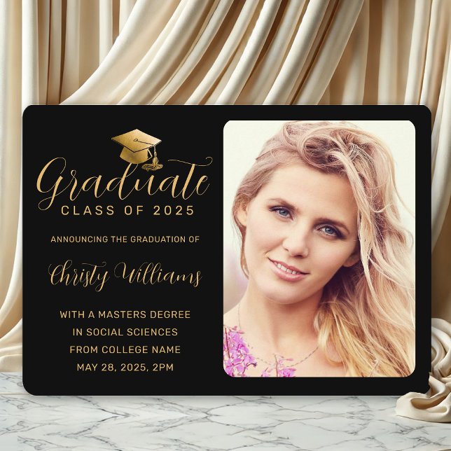 Anúncio Formandos de Fotografia de Script Dourado Preto El (Black and Gold Photo Graduation Announcement for College Grads)