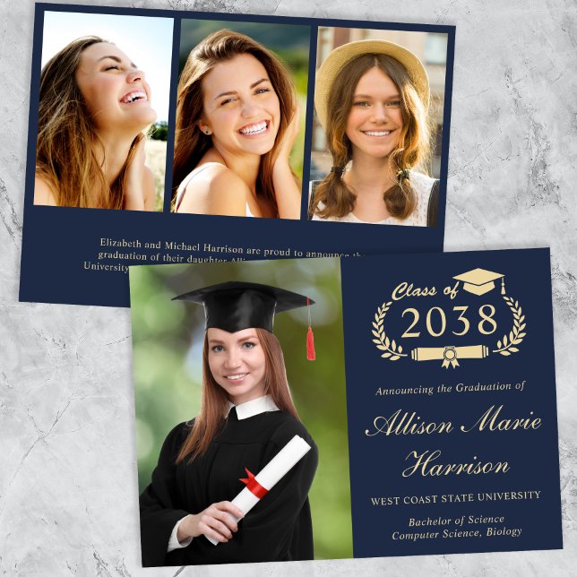 Anúncio Formandos Dourado Azul de Fotografia de Script Ele (An elegant college graduation announcement to celebrate the graduate's achievements)