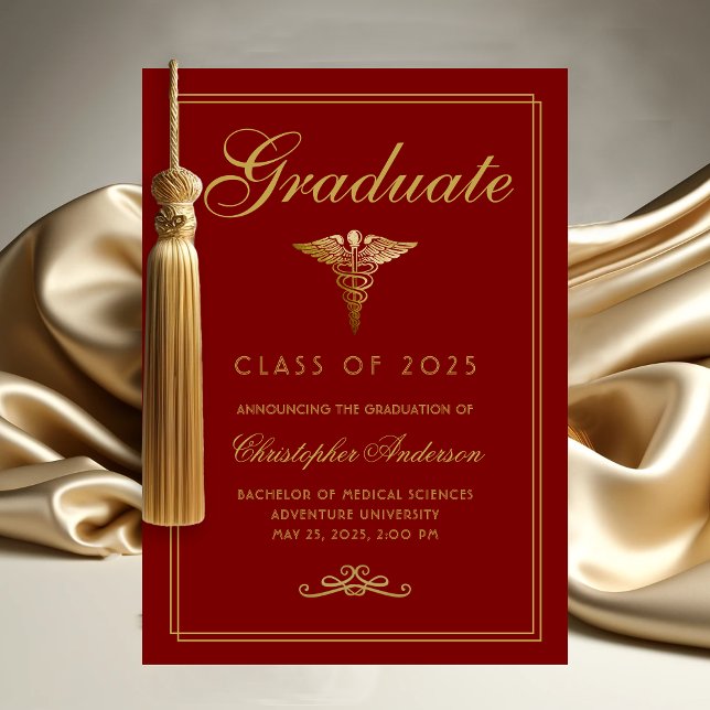 Anúncio Formandos Dourado de Caduceus com Maroon Médico (Medical Maroon Gold Caduceus College Graduation Announcement)