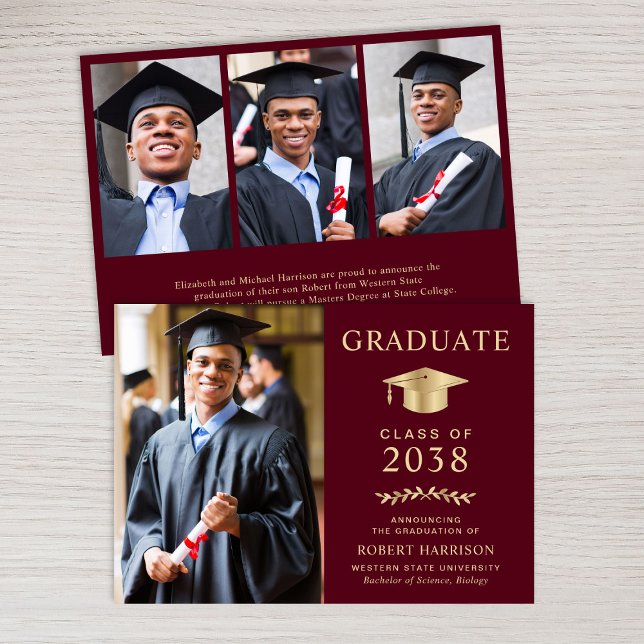 Anúncio Formandos Dourado Elegante Photo Burgundy (An elegant college graduation announcement to celebrate the graduate's achievements)