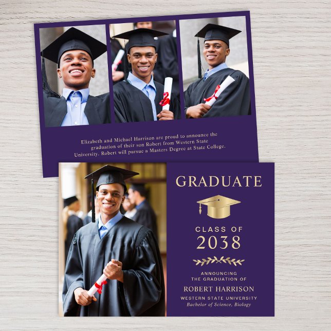 Anúncio Formandos Dourado Roxo de Fotografia Elegante (An elegant college graduation announcement to celebrate the graduate's achievements)