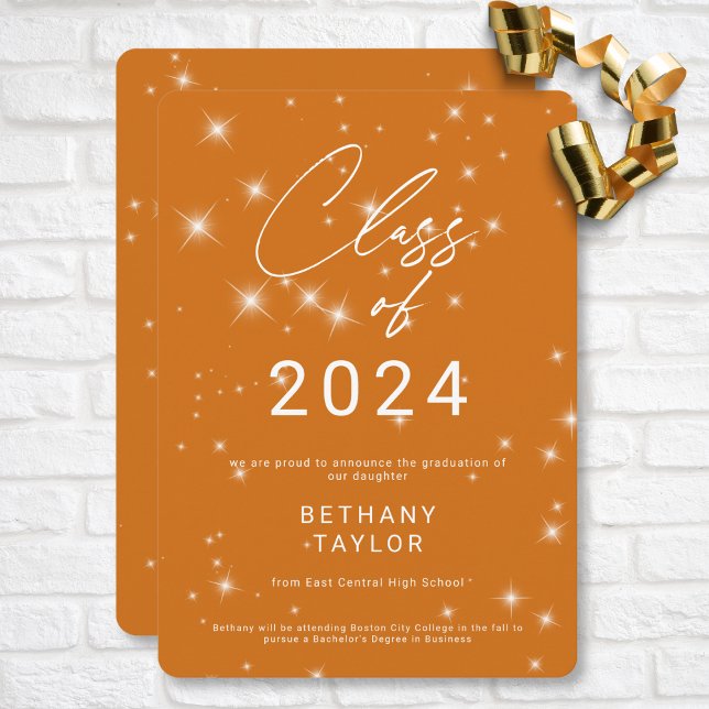 Anúncio Formatação Moderna Laranja e Branca de Sparkle (Modern Orange & White Sparkle Graduation Announcement)