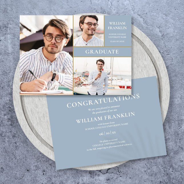 Anúncio Formatura Azul Empoeirado Dourado 3 Fotos Graduaçã (Dusty Blue Graduate Gold 3 Photo Graduation Announcement)