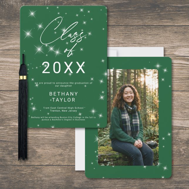 Anúncio Formatura Moderna Verde e Branco Brilhante (Modern Green & White Sparkle Graduation Announcement)