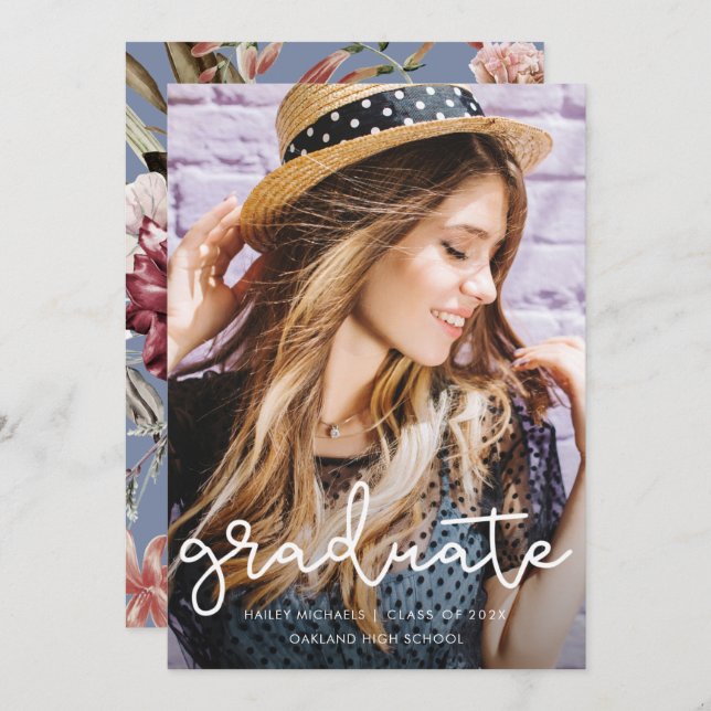 Anúncio Foto Azul Dusty, bonito Graduação Floral (Frente/Verso)