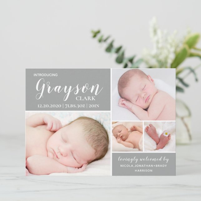 Anúncio Foto da Cinza Moderna Collage Baby Boy Birth (Em pé/Frente)