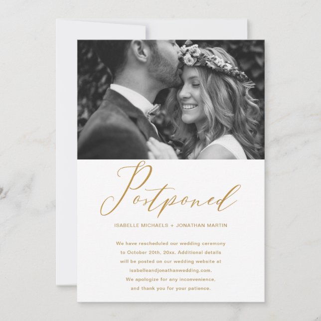 Anúncio Foto de adiamento de data de casamento em dourado  (Frente)