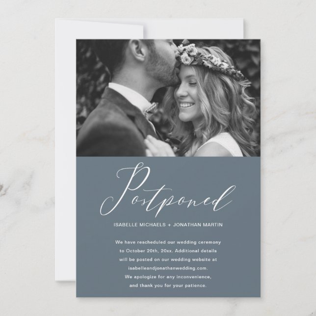 Anúncio Foto de adiamento do casamento em azul poeirento c (Frente)