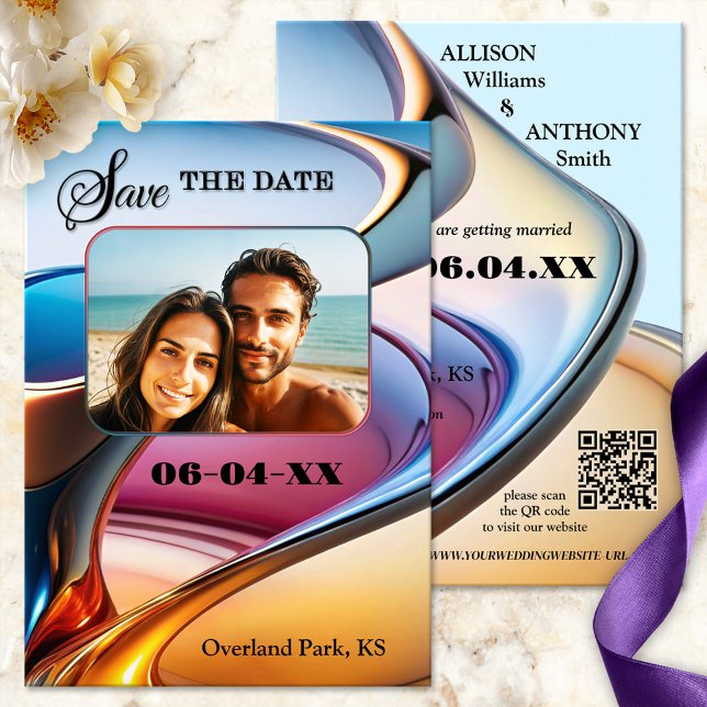 Anúncio Foto de arte moderna de Abstrato de Whimsical Salv (Whimsical Save the Date card showing your photo on a colorful abstract modern design - with QR code)