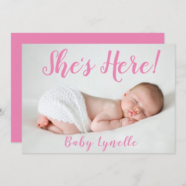 Anúncio Foto de bebê linda, ela está aqui, rosa (Frente/Verso)