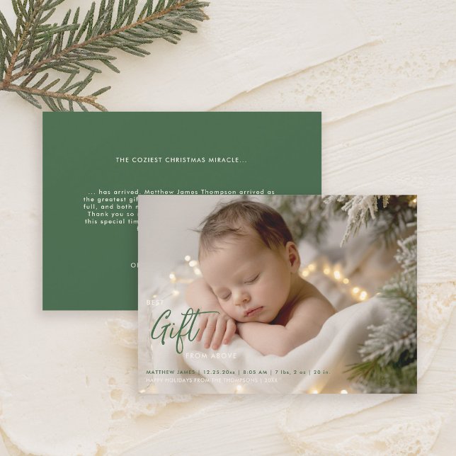 Anúncio Foto de bebê para caligrafia verde de melhor prese (christmas family card baby announcement best gift calligraphy simple elegant modern forest green)