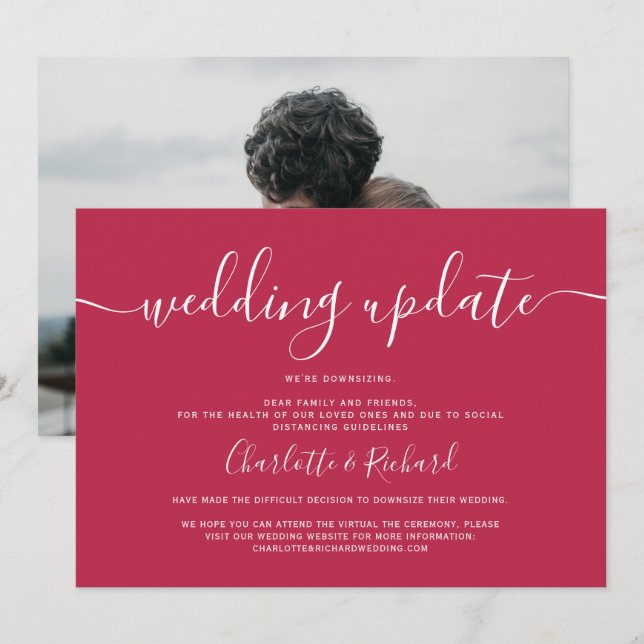 Anúncio Foto de casamento com redução de script magenta e  (Frente/Verso)