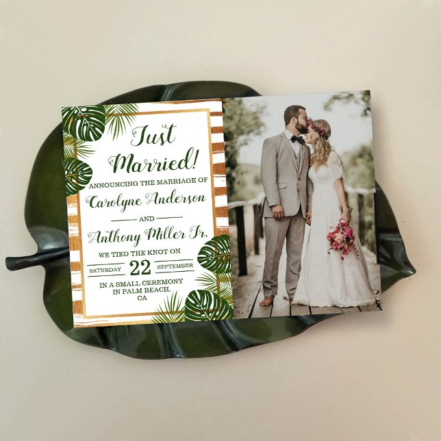 Anúncio Foto de Casamento de Praia Gold Foil & Green Palm  (Criador carregado)