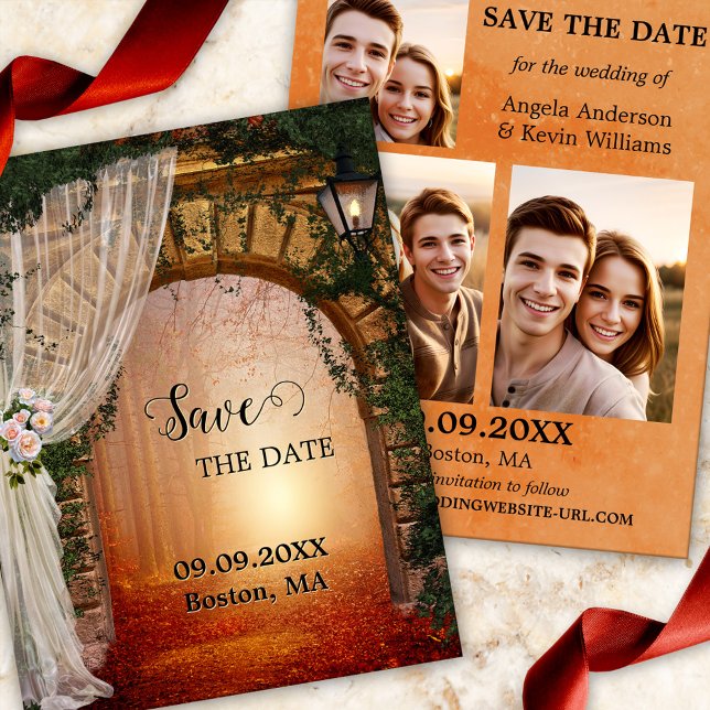 Anúncio Foto de Floresta Encantada Salvar a Data (Photo Save the Date card featuring a Roman arch with lantern leading to an enchanted forest)