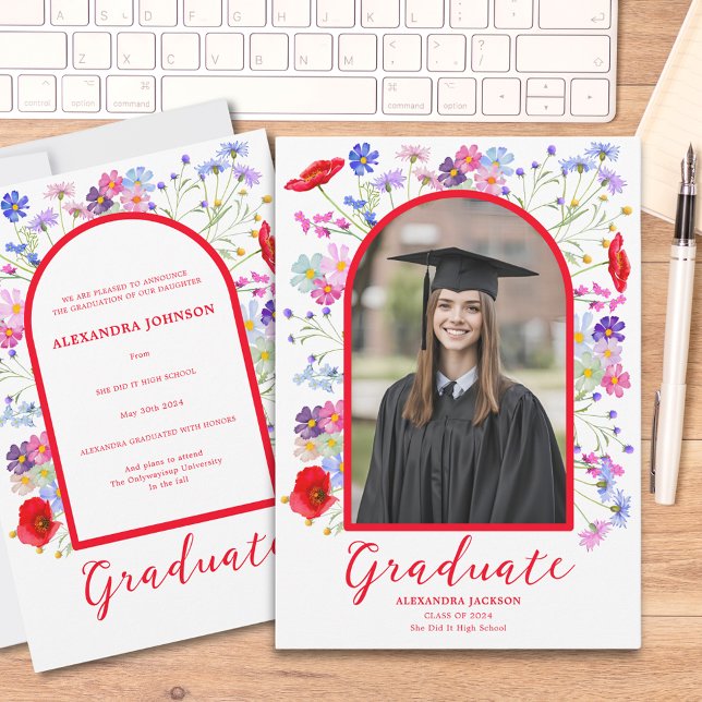 Anúncio Foto de Formando de flor selvagem moderna (Colorful wildflower boho chic arch graduate photo high school graduation announcement )