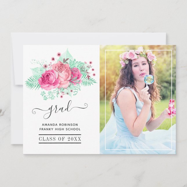 Anúncio Foto de formatura floral tropical rosa e menta (Frente)