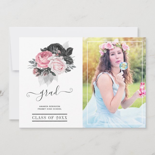 Anúncio Foto de Graduação Floral Cor-de-Rosa e Preta (Frente)