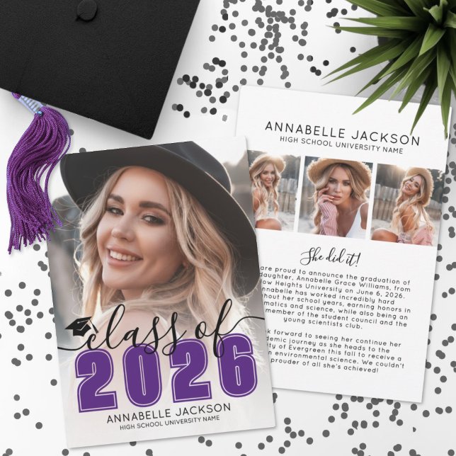 Anúncio Foto de Graduação Graduada Roxa (Purple Graduate Photo Graduation Announcement)
