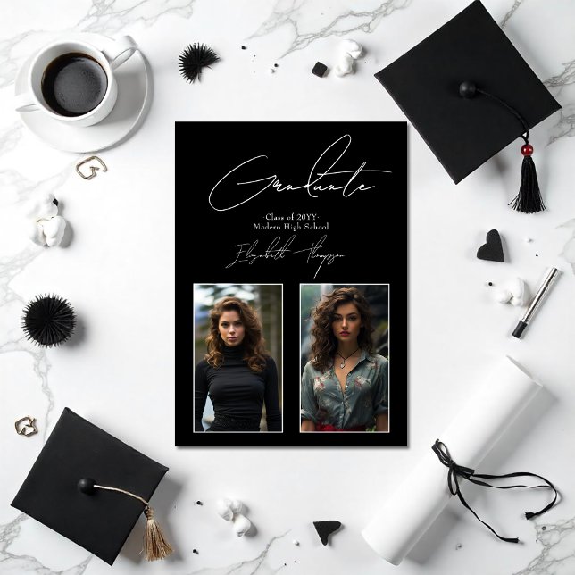 Anúncio Foto de Graduação Moderna Elegante Preta e Branca (Elegant Black and White Modern Graduation Photo Announcement)
