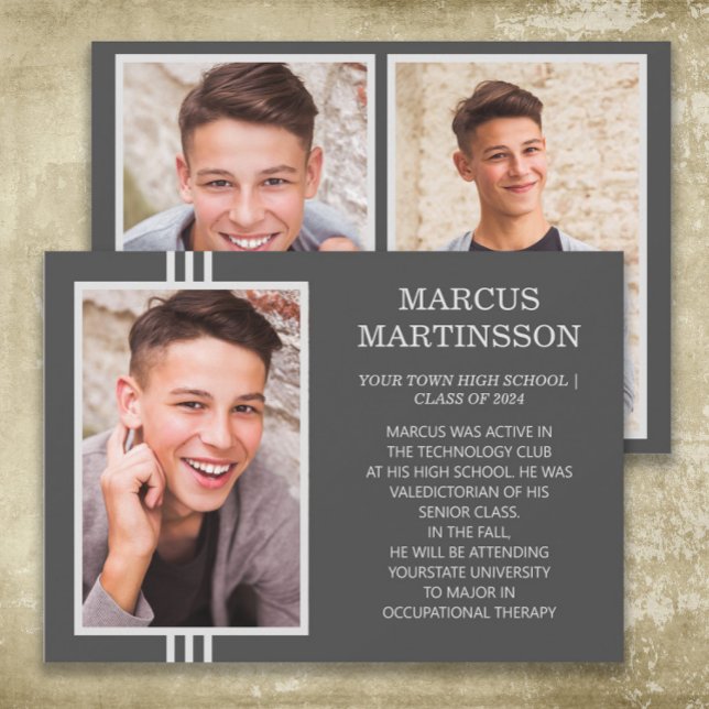 Anúncio Foto de Graduação Moderno e Sofisticado da Turma d (Brown 3-photo graduation announcement card for boys)
