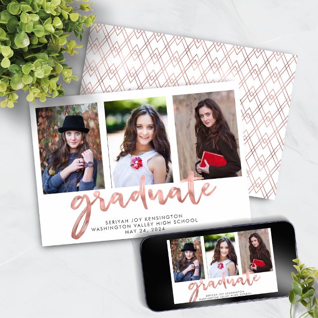 Anúncio Foto de Graduação Rosa Geométrica por Graduação Ma (Geometric Rose Gold Handwritten Graduation Photo Announcement with Instant Download)