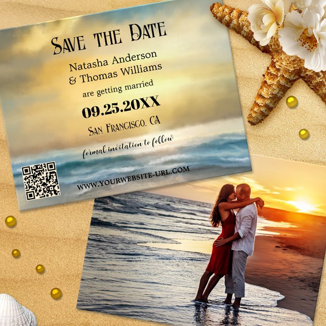 Anúncio Foto de praia náutica Salvar a data (Save the Date card featuring a painting of a golden sunset at the beach - with QR code template)