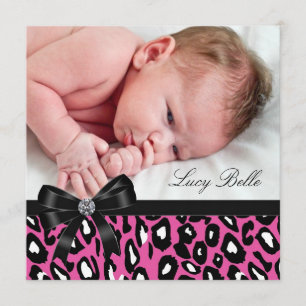 Anúncio Foto do Nascimento de Bebê Menina Pink Black Leopa