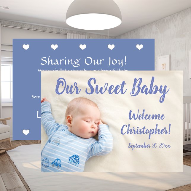 Anúncio Foto do Novo Bebê (New Baby Photo With Name Blue Announcement)