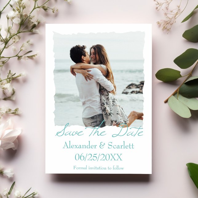 Anúncio Foto do quadro lacrado teal Salve o aviso de data (Teal Jagged Frame Photo Save the Date)