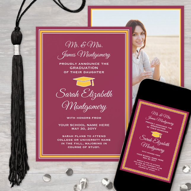 Anúncio Foto dos pais Maroon e Dourada Formal Graduação (Criador carregado)