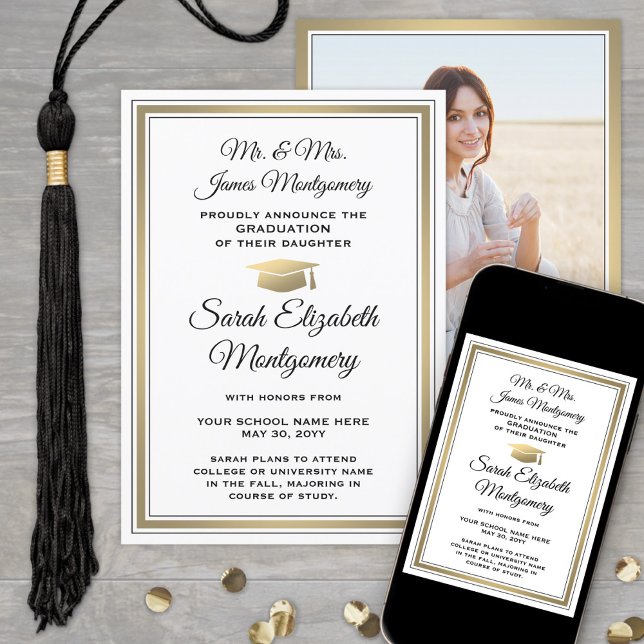 Anúncio Foto dos pais White Black & Dourado Graduação (Criador carregado)