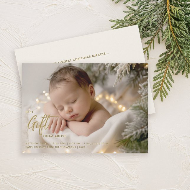 Anúncio Foto Dourada de bebê com melhor presente de Natal (christmas family card baby announcement best gift calligraphy simple elegant modern gold)