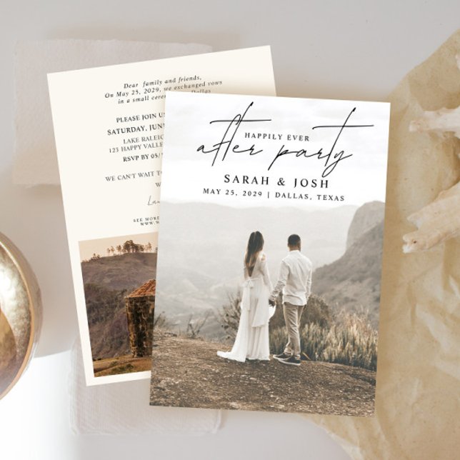 Anúncio Foto Feliz De Festa Creme 2 (Easily personalize this wedding reception invitation with 2 wedding photos, and your details!)