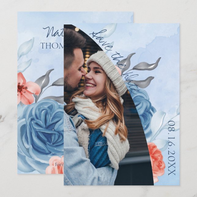 Anúncio Foto Floral Azul De Pêssego Bastante Salva A Data (Frente/Verso)