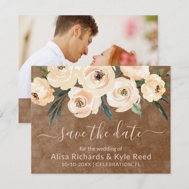 Anúncio Foto Floral Bege Dourado Marrom Save the Date  (Frente/Verso)