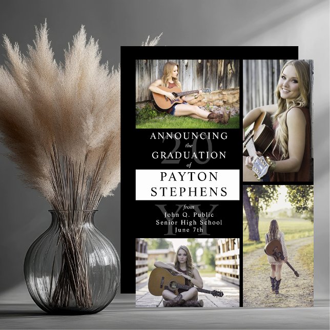 Anúncio Foto Moderna Clássica Preta | Graduação em branco (Classy Modern Four Photo Collage Black and White Graduation Announcement - Print and/or Download)