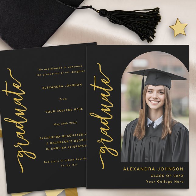 Anúncio Foto Preta e Dourada de Arquitetura Moderna (Modern elegant arch photo graduation announcement card black and gold script minimalist)