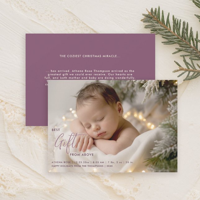 Anúncio Foto Rosa Pink de Melhor Presente de Natal (christmas family card baby announcement best gift calligraphy simple elegant modern lavender pink)
