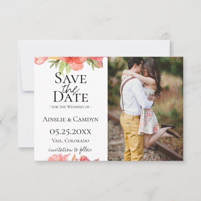 Anúncio Foto Save The Date com Floral Tênue (Frente)