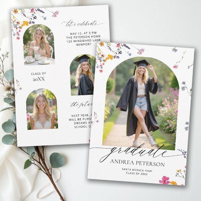Anúncio Fotografias de Formatura com Arco de Flores Silves (graduation announcement party invitation photo collage wildflowers watercolor modern calligraphy)