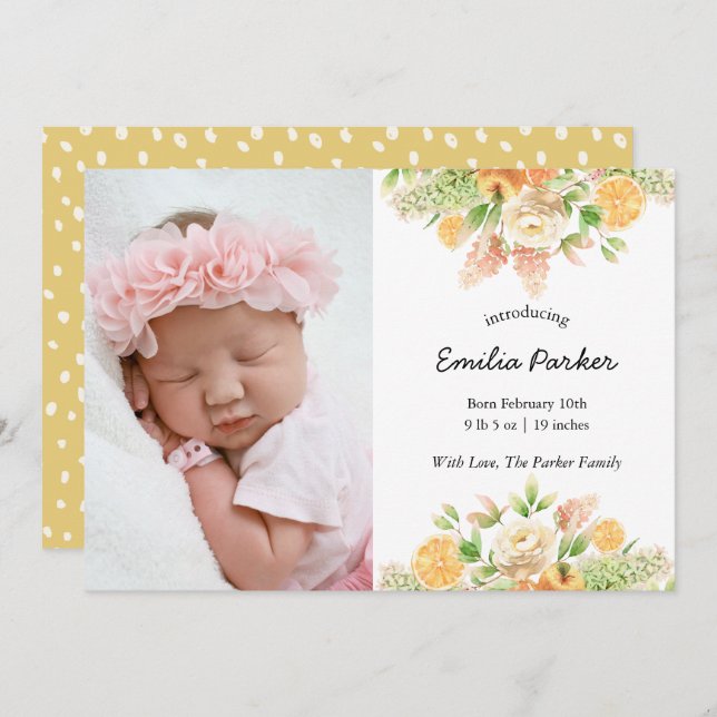 Anúncio Fruta de Citros Amarelo | Nascimento Floral Modern (Frente/Verso)