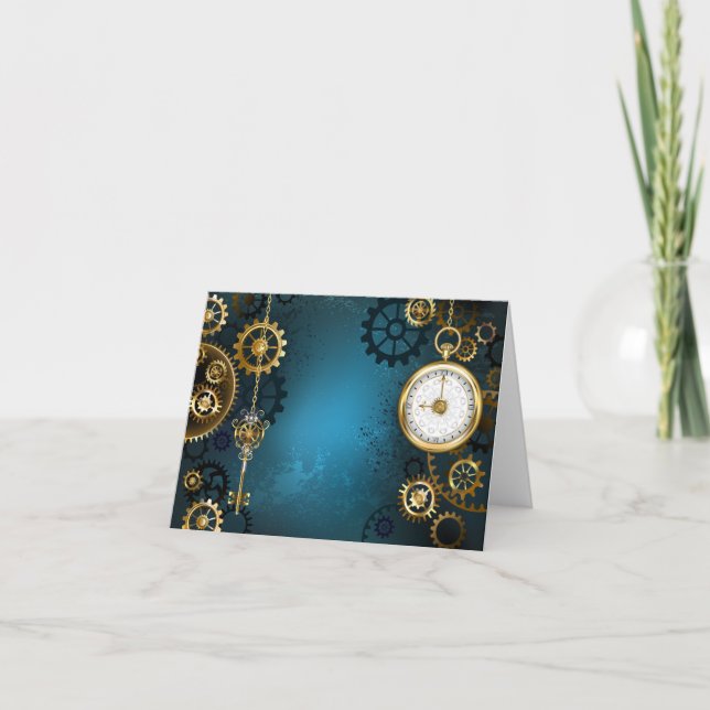 Anúncio Fundo azul turquesa Steampunk com engrenagens (Frente)