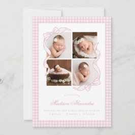 Anúncio Gingham Bow 4 Frame Photo Birth Announcement