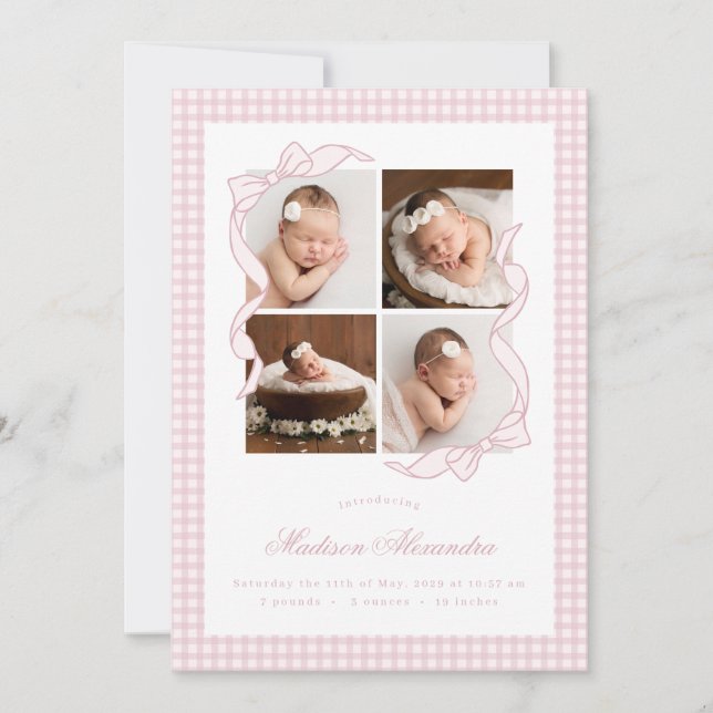 Anúncio Gingham Bow 4 Frame Photo Birth Announcement (Frente)