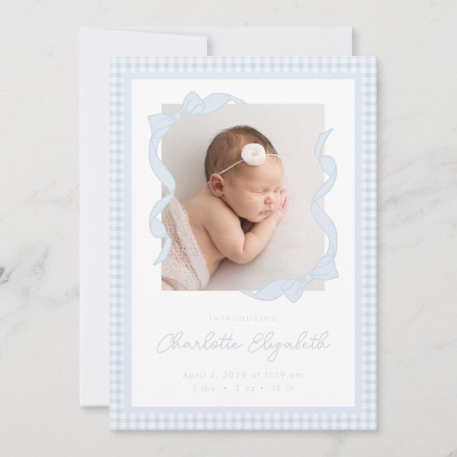 Anúncio Gingham Bow Photo Birth Announcement (Frente)
