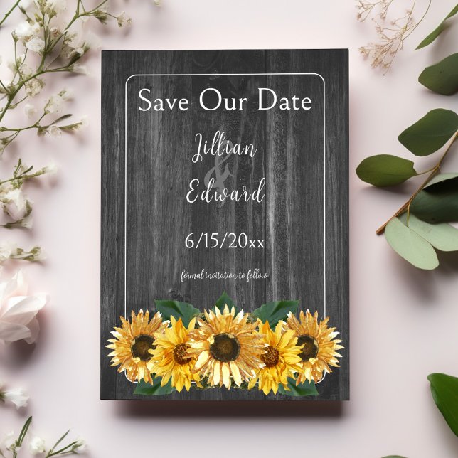 Anúncio Girassol Com Tempo Úrtico Salvo A Data (Rustic Weathered Gray Sunflower Save the Date)