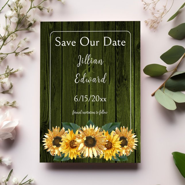 Anúncio Girassol Verde Russo Salvar a Data (Rustic Green Sunflower Save the Date)