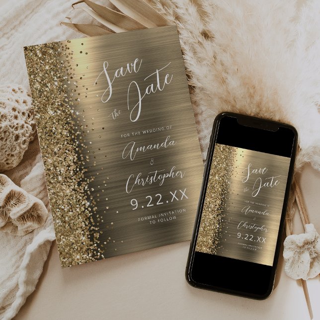 Anúncio Gold Brushed Metal Script Save the Date (Criador carregado)