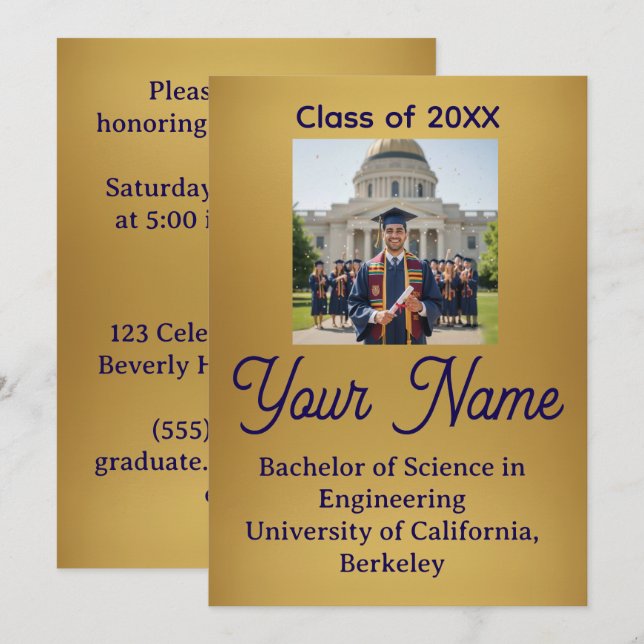 Anúncio Gold Foil Look Minimalist Graduation Announcement  (Frente/Verso)