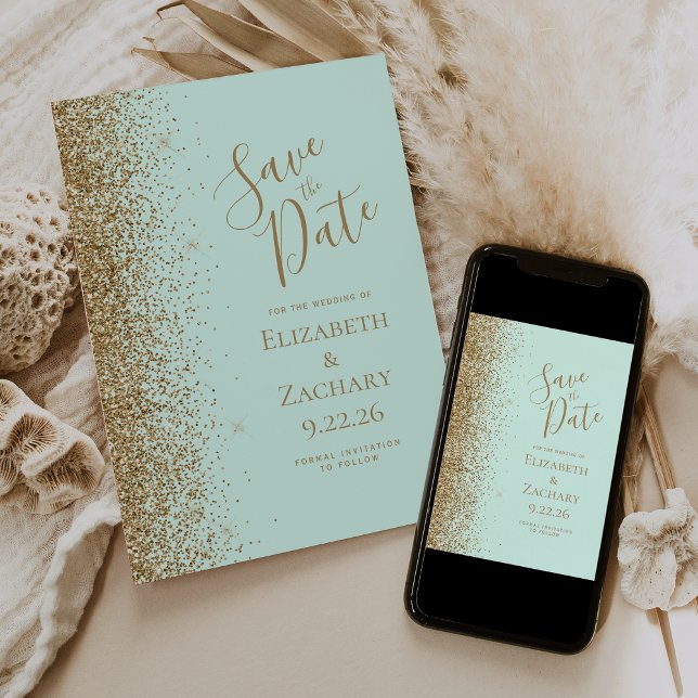 Anúncio Gold Glitter Edge Mint Green Save the Date (Criador carregado)